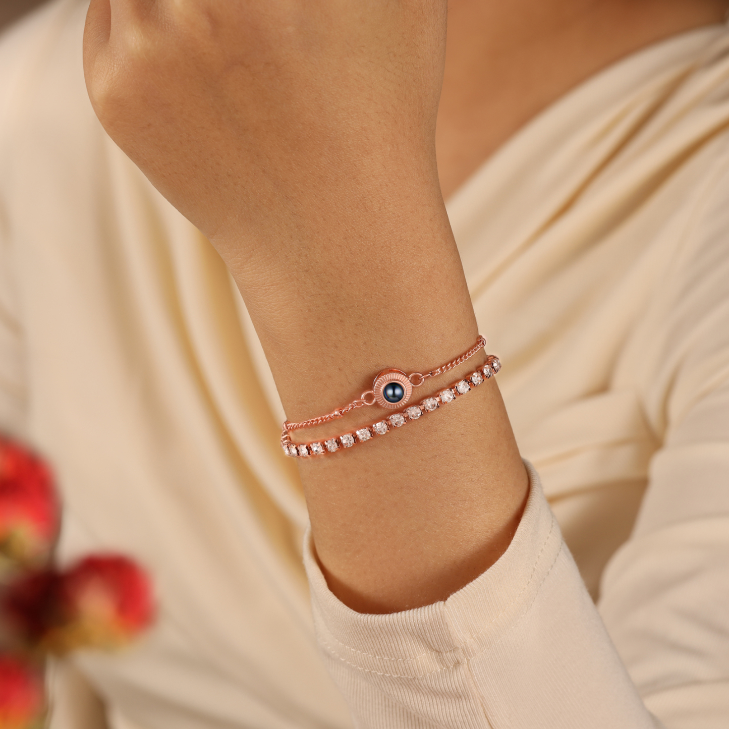 Personalisiertes Foto-Projektionsarmband mit doppelter Strassreihe – verstellbares Damenarmband