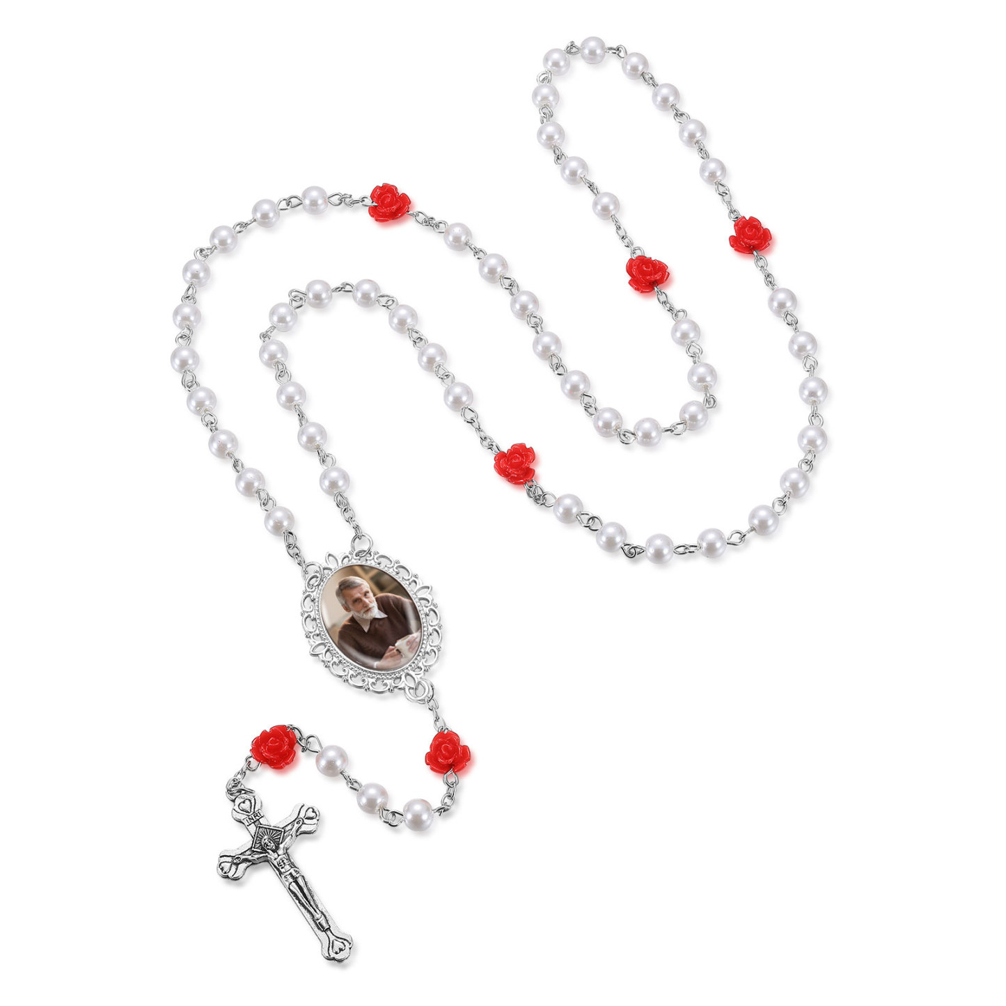 Personalisierter Rosenkranz mit Foto, Kreuz und Perlen religiöses Andenken