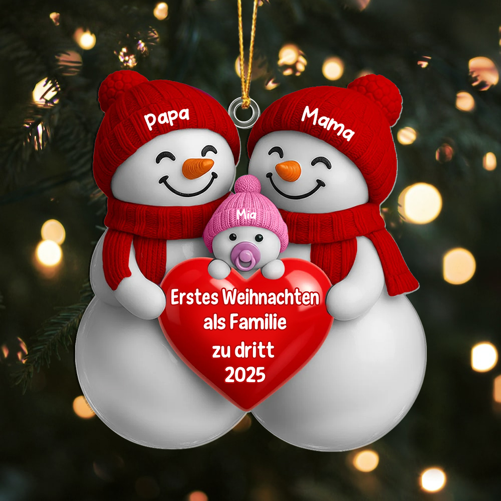 Personalisierter Weihnachtsanhänger mit drei Schneemännern und Herzmotiv