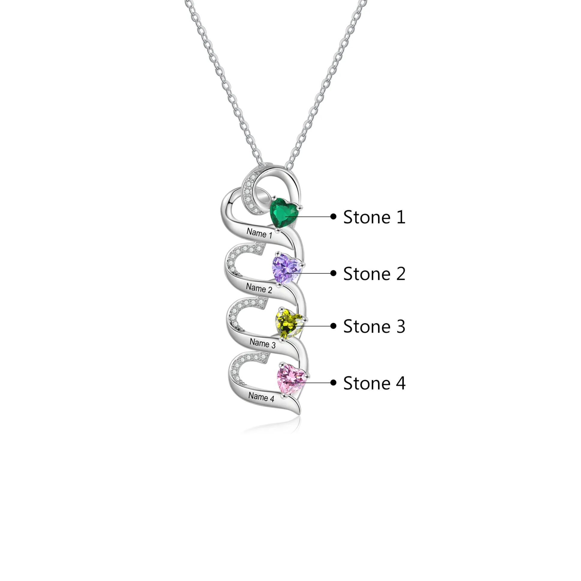 Personalisierte 1-6 Namen & 1-6 Geburtssteinen Silberne Herz-Halskette mit Zirkonia