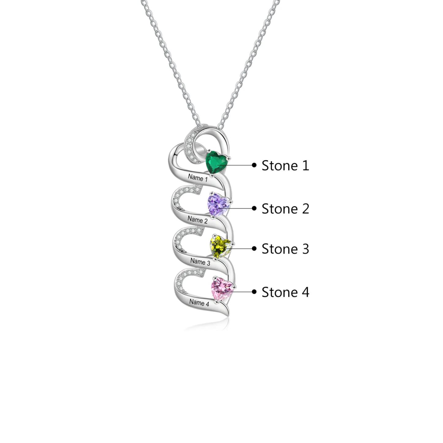 Personalisierte 1-6 Namen & 1-6 Geburtssteinen Silberne Herz-Halskette mit Zirkonia