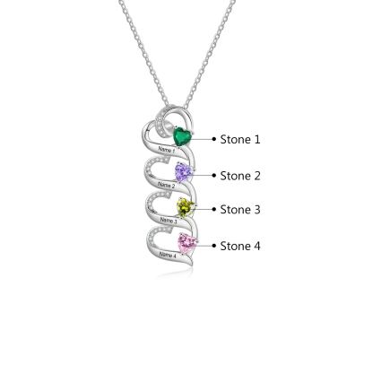 Personalisierte 1-6 Namen & 1-6 Geburtssteinen Silberne Herz-Halskette mit Zirkonia