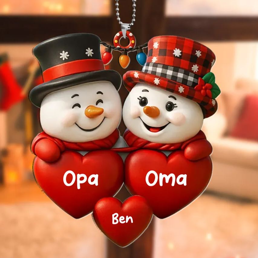 Personalisiertes Schneemann-Ornament mit Gnom für den Weihnachtsbaum – Opa & Oma – mit Namen der Enkel, Geschenk für Großeltern