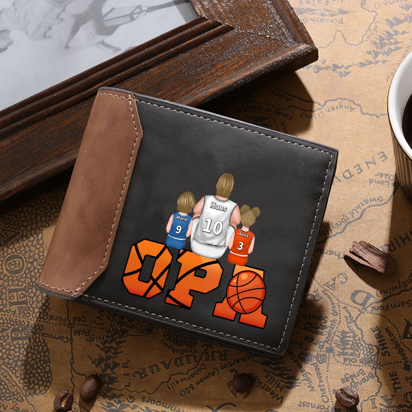 Personalisierte Opa/Papa-Geldbörse aus PU-Leder mit Basketball-Motiv, Namen & Trikotnummern