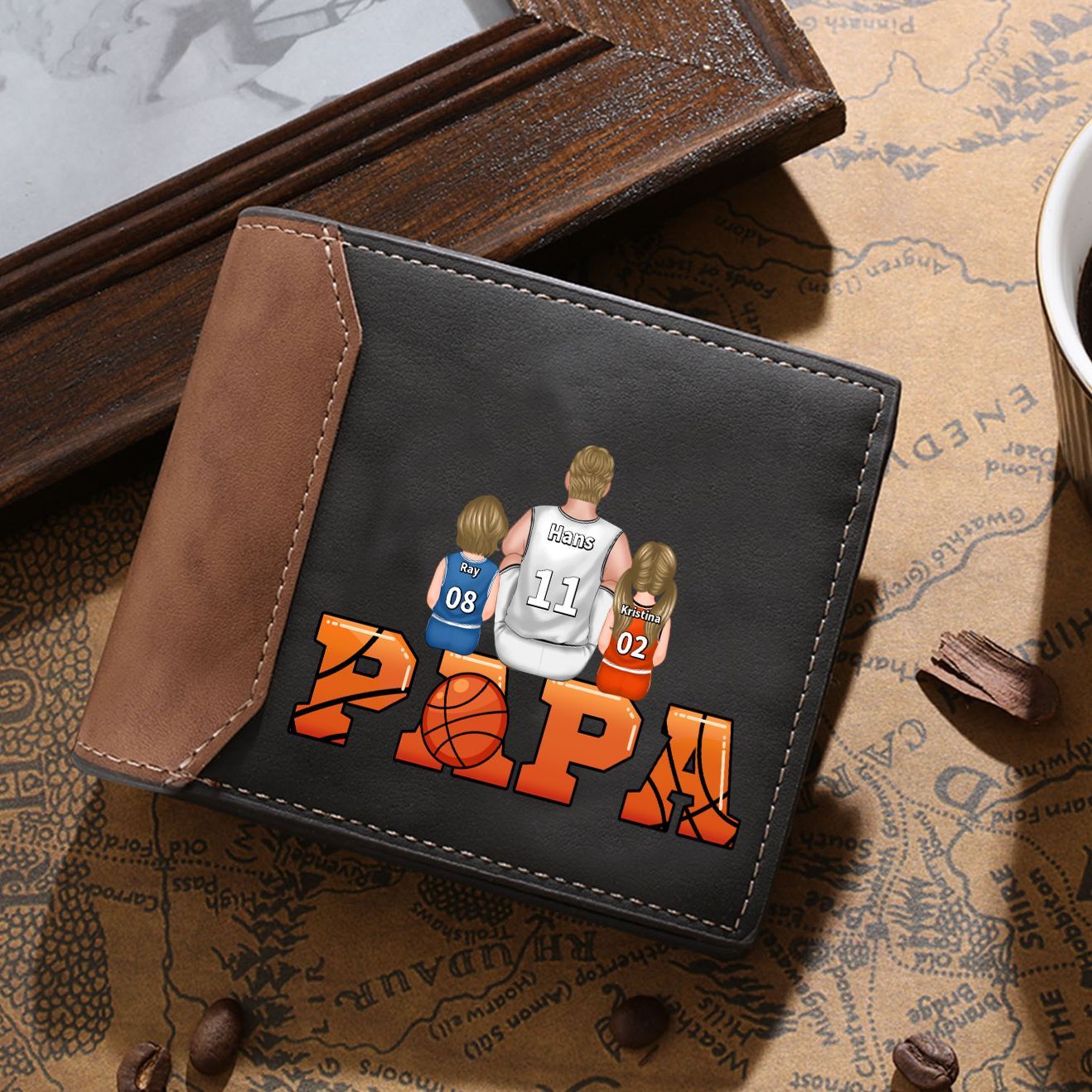 Personalisierte Opa/Papa-Geldbörse aus PU-Leder mit Basketball-Motiv, Namen & Trikotnummern