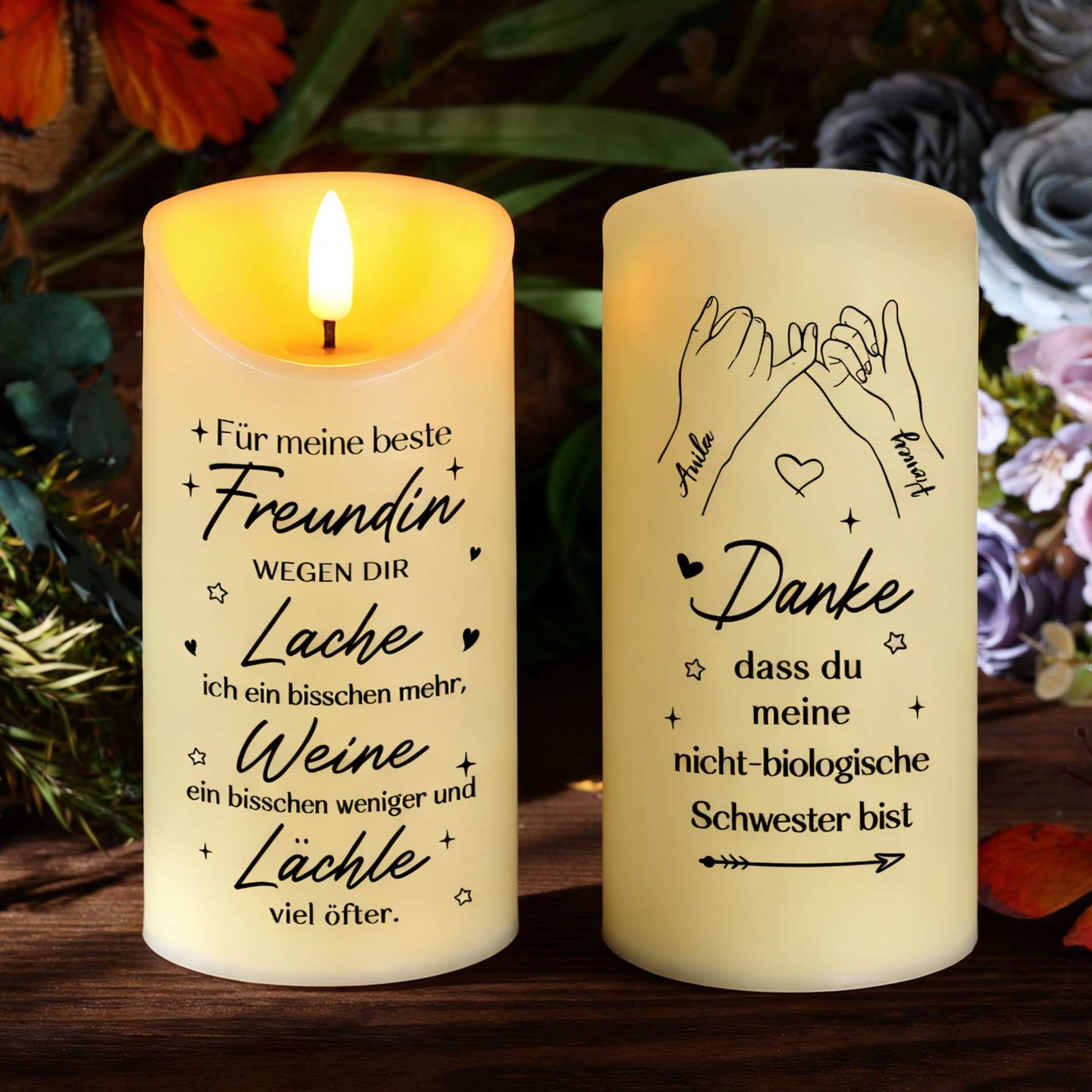 Personalisierbare 2 Namen Hand-in-Hand LED-Kerze – Danke, dass du meine nicht-biologische Schwester bist – Geschenk für Beste Freundin
