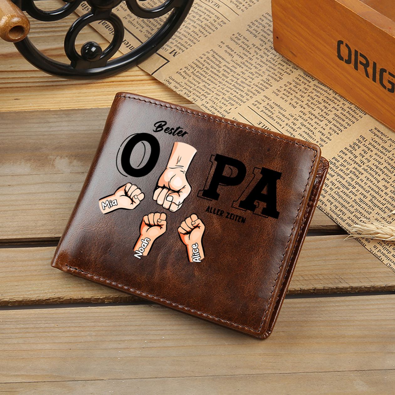 Personalisierte Bifold-Herrengeldbörse aus echtem Leder mit Faustgruß Bester Opa/Papa Aller Zeiten