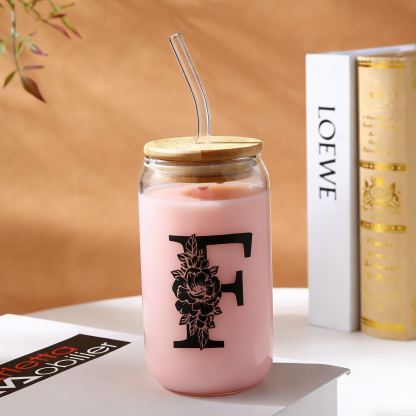 Personalisierter Buchstabe Blume Glas-Trinkflasche Glastasse mit Glasstrohhalm