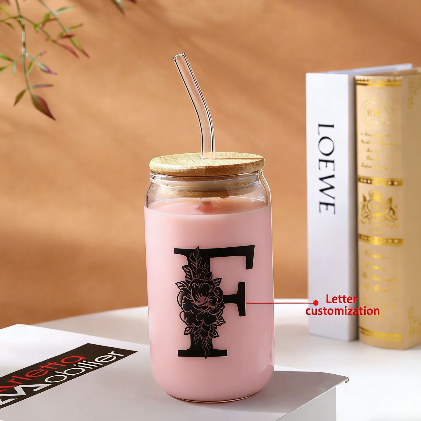 Personalisierter Buchstabe Blume Glas-Trinkflasche Glastasse mit Glasstrohhalm