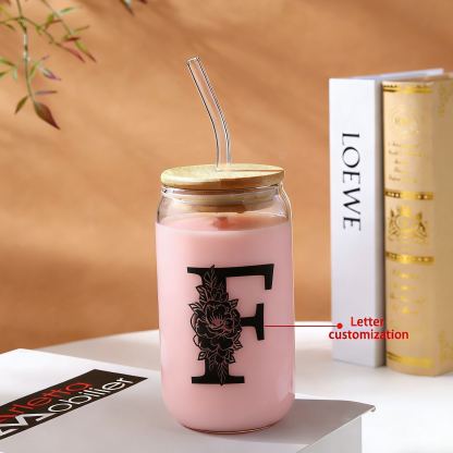 Personalisierter Buchstabe Blume Glas-Trinkflasche Glastasse mit Glasstrohhalm