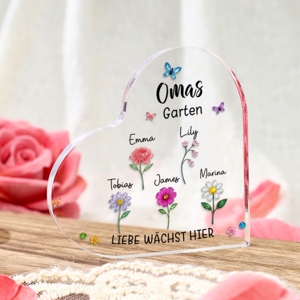 Personalisiertes Acrylherz „Mamas oder Omas Garten“ mit Geburtsblumen und Namen der Kinder