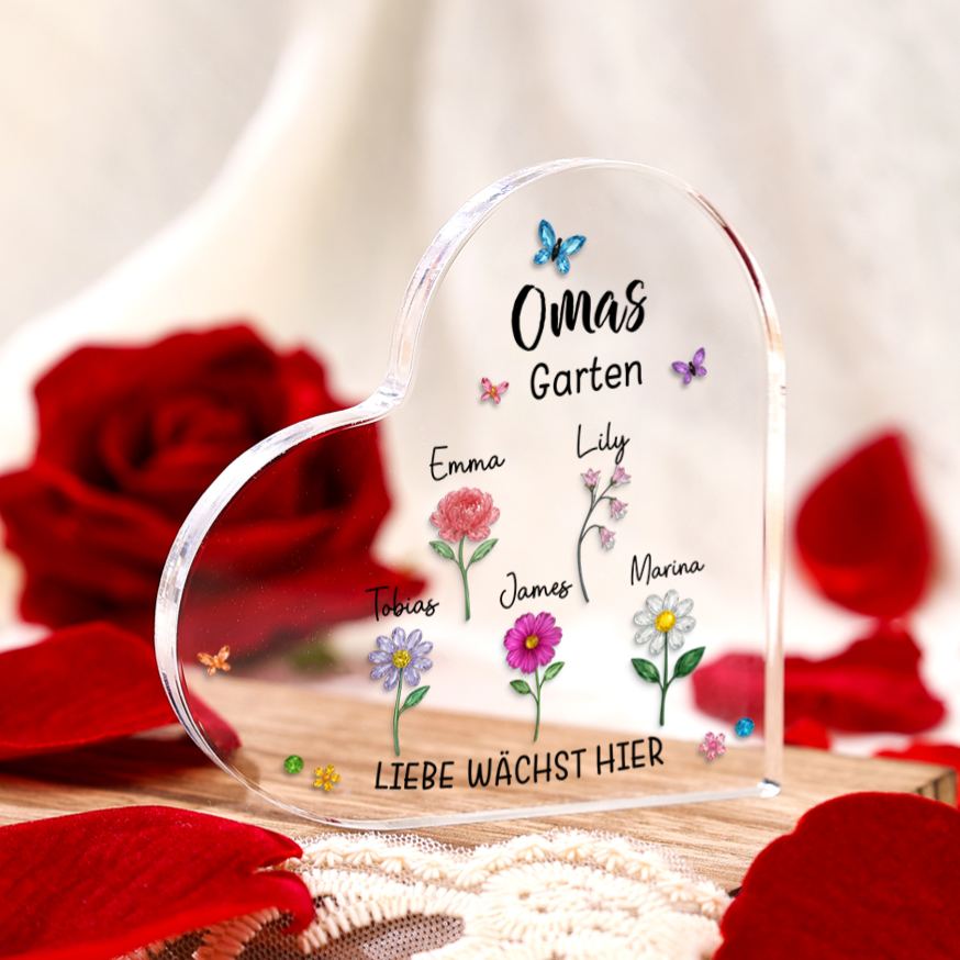 Personalisiertes Acrylherz „Mamas oder Omas Garten“ mit Geburtsblumen und Namen der Kinder