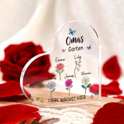 Personalisiertes Acrylherz „Mamas oder Omas Garten“ mit Geburtsblumen und Namen der Kinder