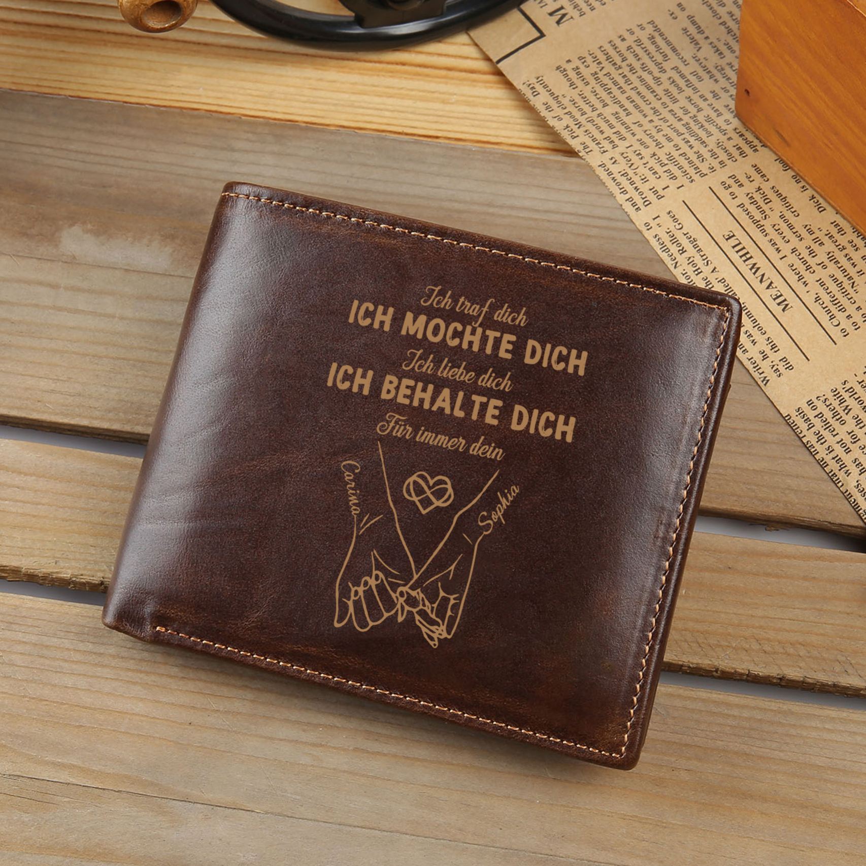 Personalisierte Herren-Geldbörse aus Echtleder mit Foto- und Händchenhalten-Motiv