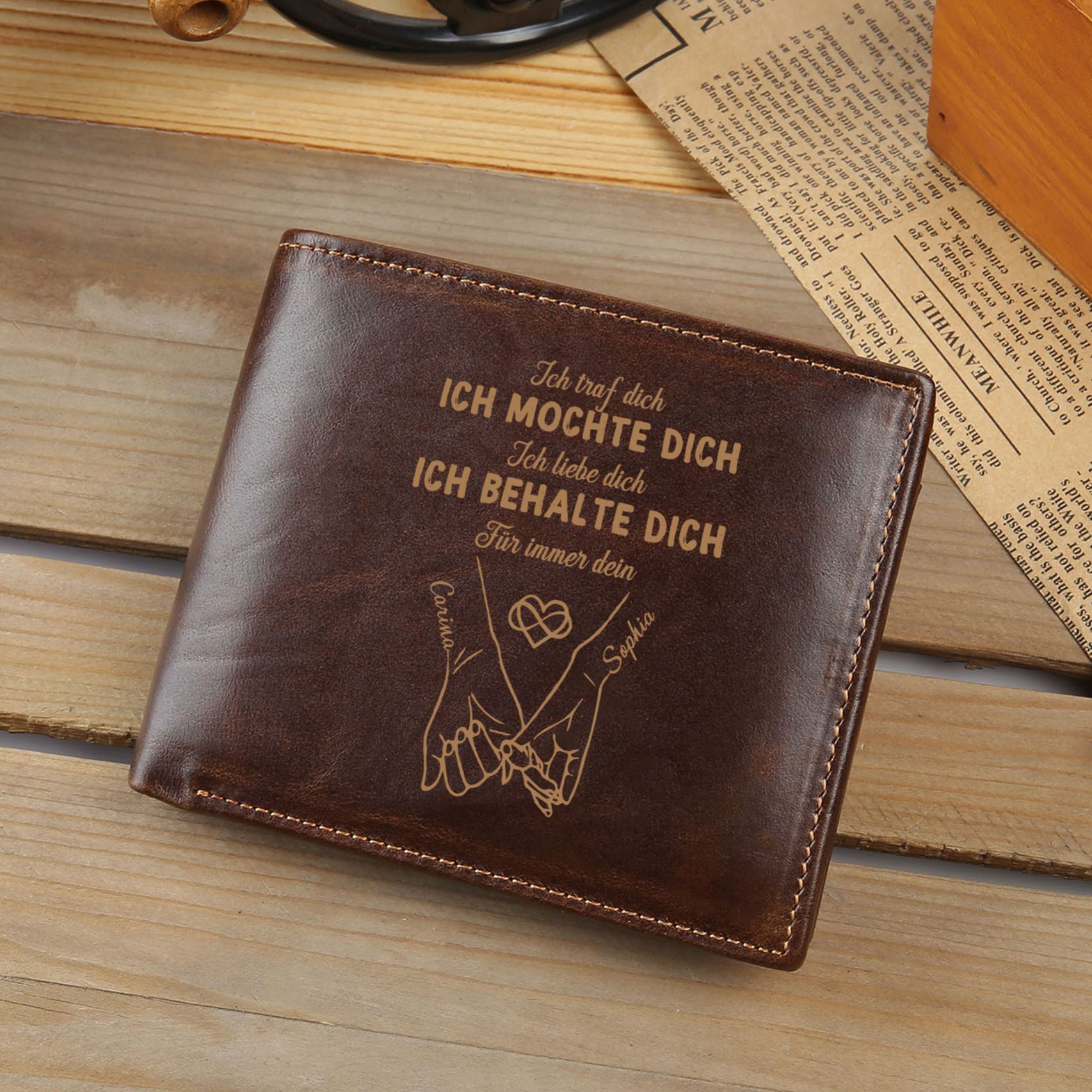 Personalisierte Herren-Geldbörse aus Echtleder mit Foto- und Händchenhalten-Motiv