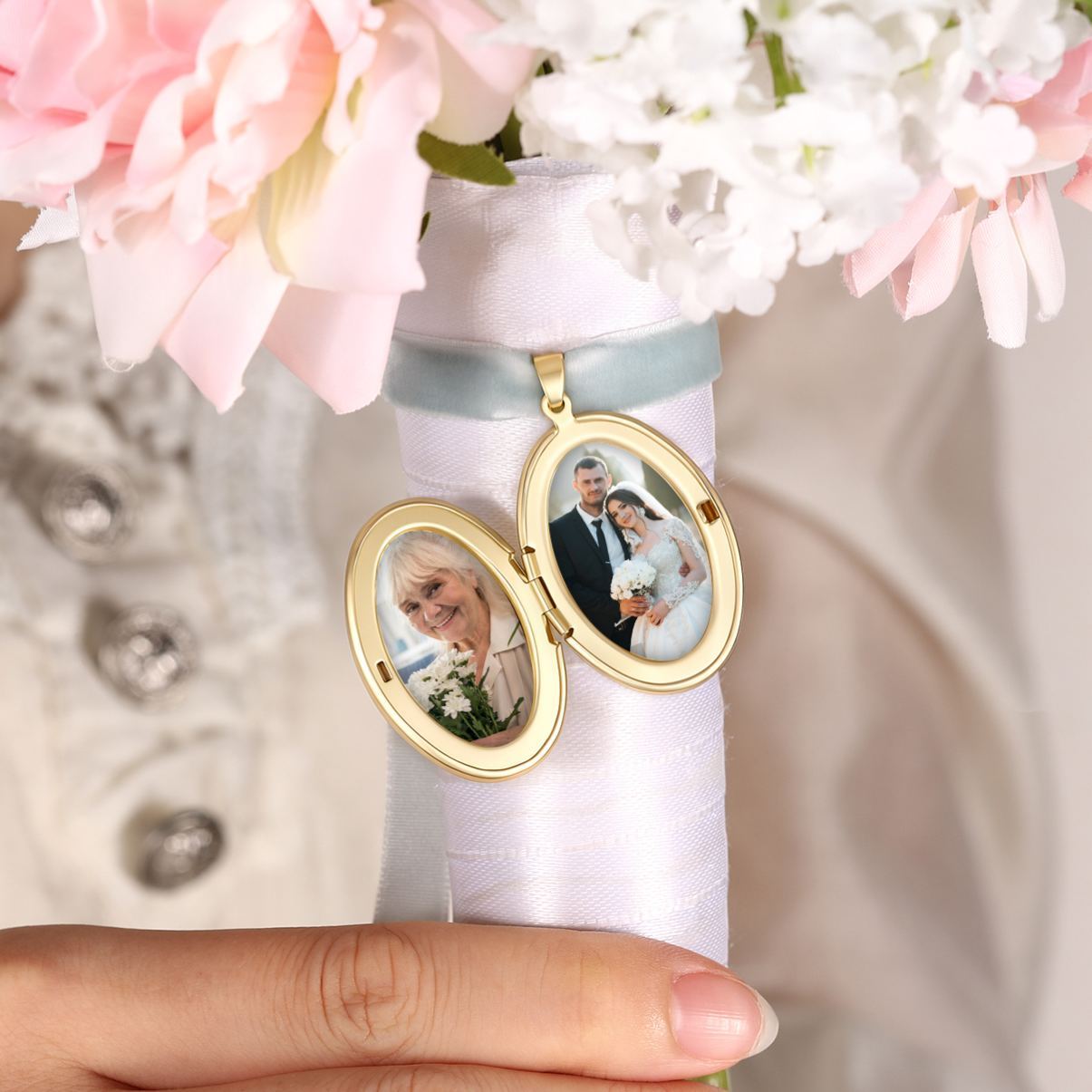 Personalisierter Brautstrauß-Anhänger mit Foto und Geburtsblumen-Motiv Erinnerungsstück zur Hochzeit