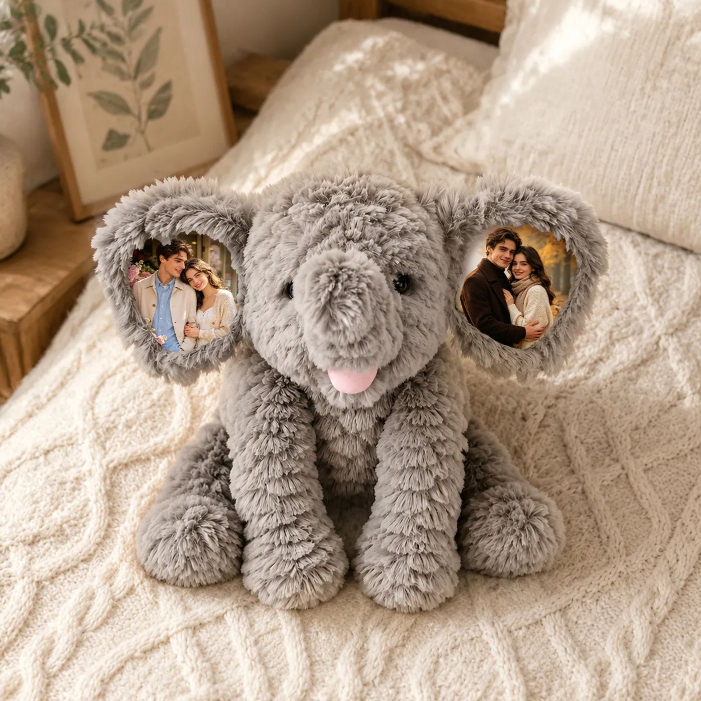 Personalisierter Plüschelefant mit 2 Fotos auf den Ohren Geschenk für Sohn oder Tochter