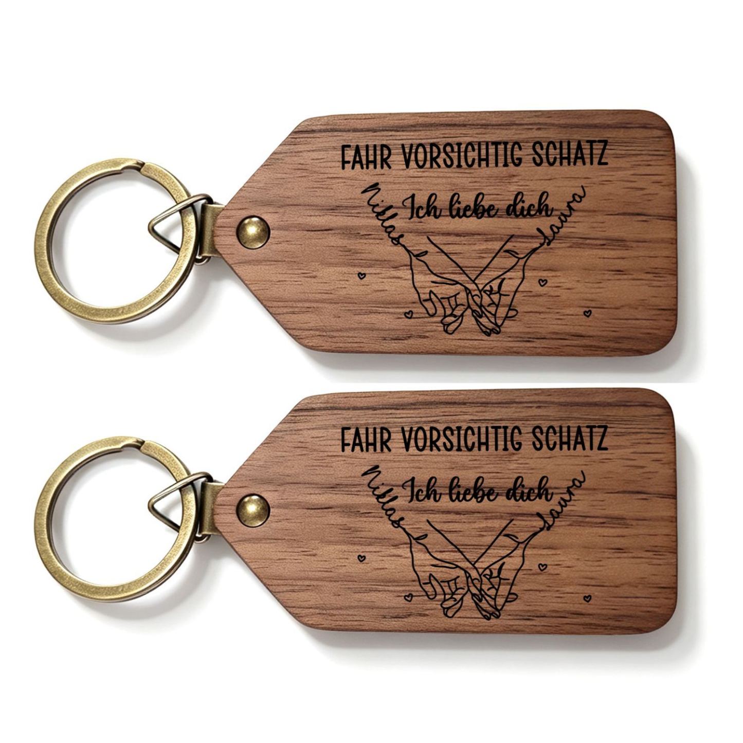 Personalisierter Foto-Schlüsselanhänger aus Holz mit zwei Fotos und zwei Namen sowie Pinky-Promise-Motiv Geschenk für deinen Partner