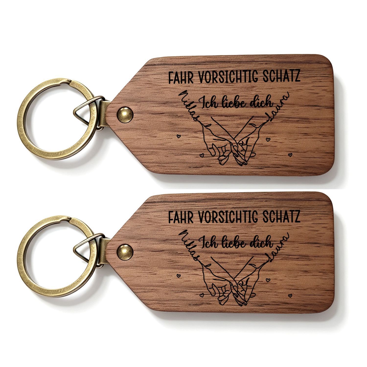Personalisierter Foto-Schlüsselanhänger aus Holz mit zwei Fotos und zwei Namen sowie Pinky-Promise-Motiv Geschenk für deinen Partner