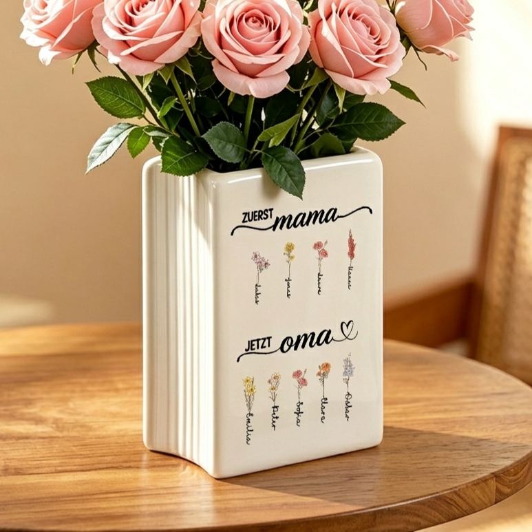 Personalisierte Keramikvase mit 2–12 Namen und Geburtsblumen Geschenk zum Muttertag für Oma