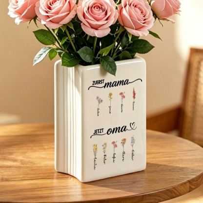 Personalisierte Keramikvase mit 2–12 Namen und Geburtsblumen Geschenk zum Muttertag für Oma