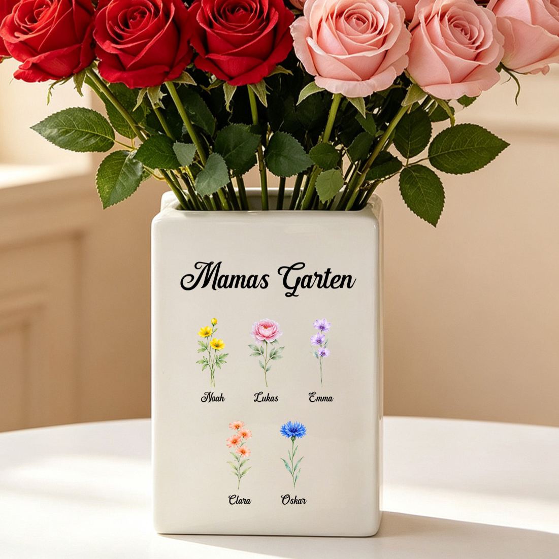 Personalisierte Blumenvase aus Keramik in Buchform mit Geburtsblumen und Namen Geschenk für Mama Oma