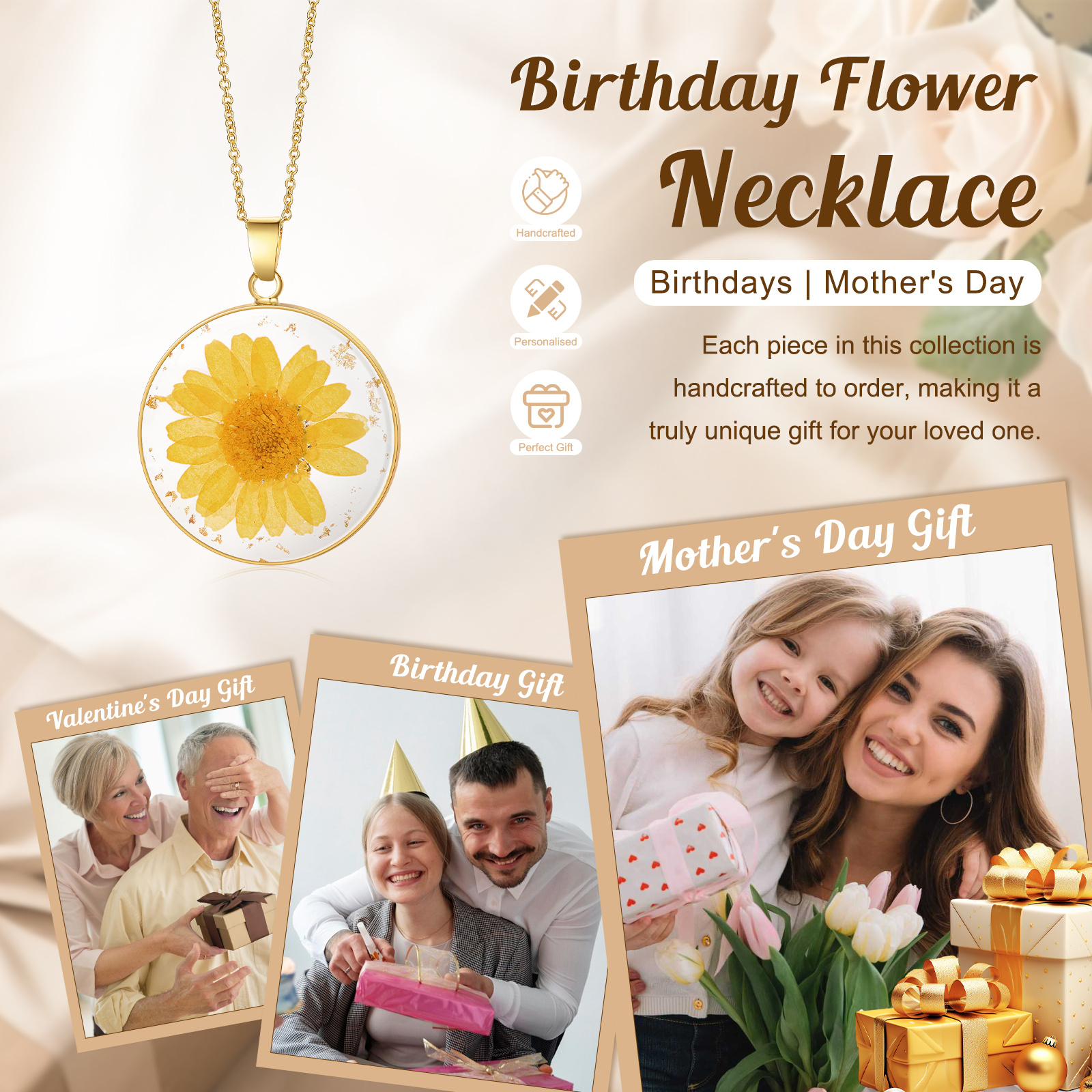 Echte getrocknete personalisierte Geburtsblumen-Boho-Halskette mit gepresstem Blütenanhänger