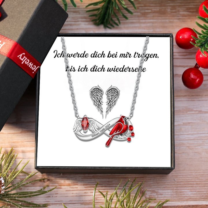 Personalisierter 1 Name & Geburtsstein & Datum Unendlichkeits-Gedenk-Halskette mit Flügeln & Geschenkkarte mit Geschenkbox