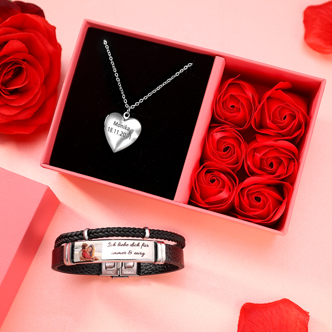 Personalisierte 2 Fotos & Name & Datum Herz-Foto Halskette & Text & Foto Herrenarmband & Geschenkbox Set für Paar