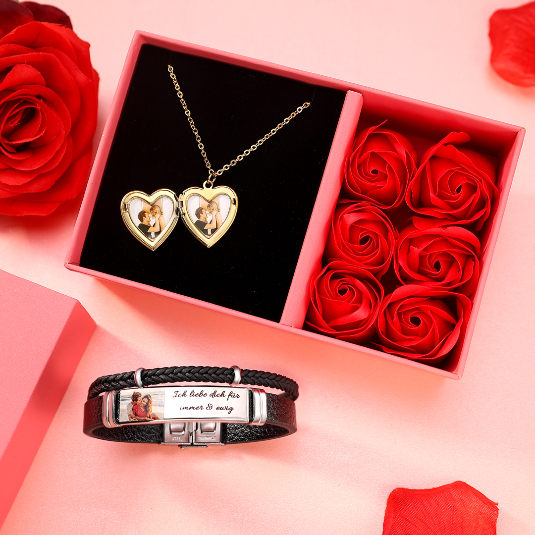 Personalisierte 2 Fotos & Name & Datum Herz-Foto Halskette & Text & Foto Herrenarmband & Geschenkbox Set für Paar