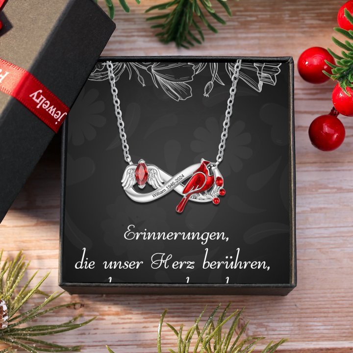 Personalisierter 1 Name & Geburtsstein & Datum Unendlichkeits-Gedenk-Halskette mit Flügeln Halskette & Geschenkkarte Set mit Geschenkbox