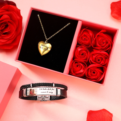 Personalisierte 2 Fotos & Name & Datum Herz-Foto Halskette & Text & Foto Herrenarmband & Geschenkbox Set für Paar