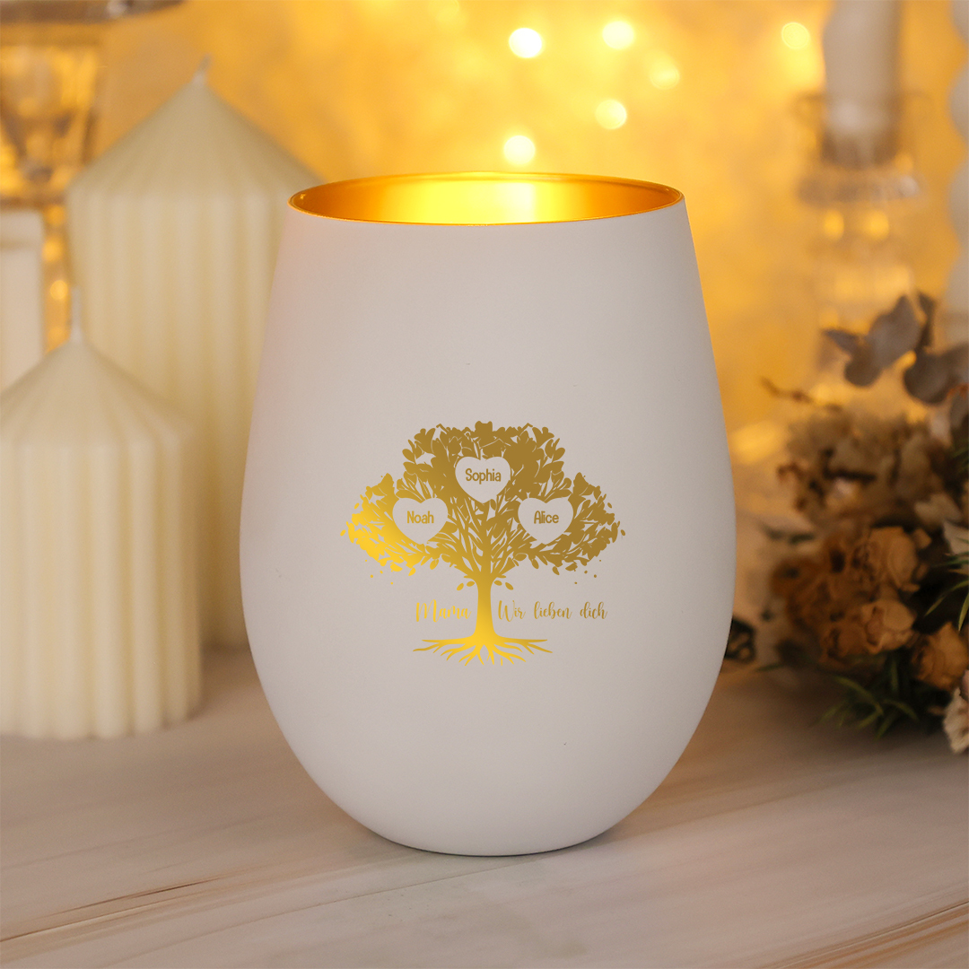 Personalisierter Kerzenhalter aus Glas mit Familienbaum, mit bis zu 10 Namen personalisiert, praktisches Wohnaccessoire und Geschenk für Mama zum Geburtstag, Muttertag oder Weihnachten | Kettenmachen