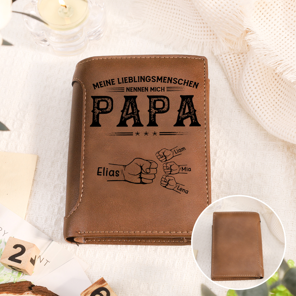 Personalisierte Leder Geldbörse für Papa mit 1–6 Fauststoß-Motiven und Namen Lederbrieftasche für Papa Geschenk zum Vatertag oder Geburtstag für Papa und Opa | kettenmachen