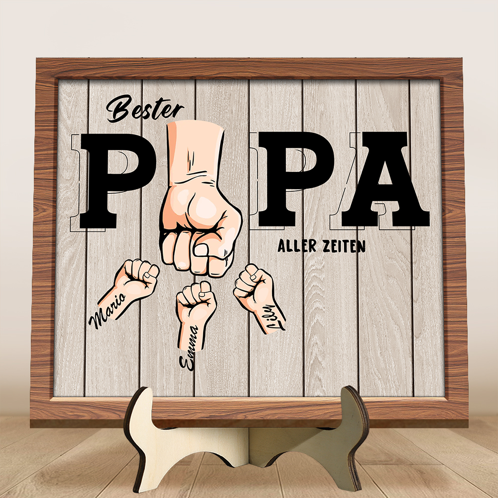 Bester Papa aller Zeiten personalisiertes Holzschild mit Faustgruß & Kindernamen