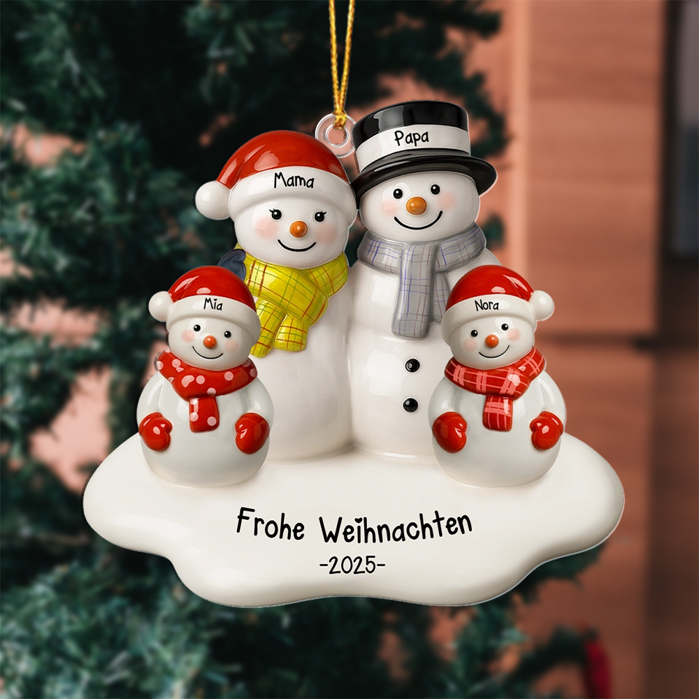 Personalisierter Weihnachtsbaumschmuck: Ein Schneemann für eine vierköpfige Familie, ein perfektes Geschenk für Ihre Lieben.