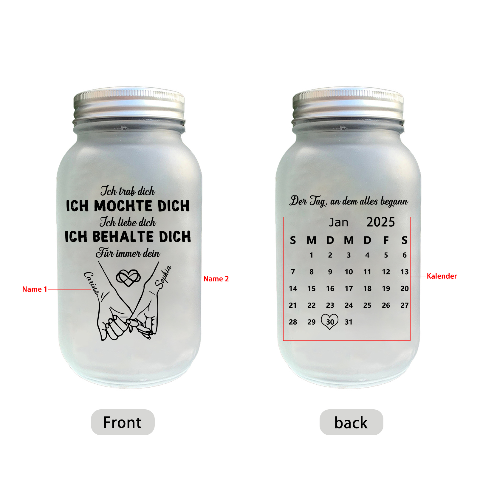 Personalisiertes Nachtlicht, Einmachglas Lampe, Flaschenlicht, LED Glaslicht mit Namen, Datum, Paar Geschenk, Valentinstag Geschenk, Jahrestag Geschenk, Weihnachten