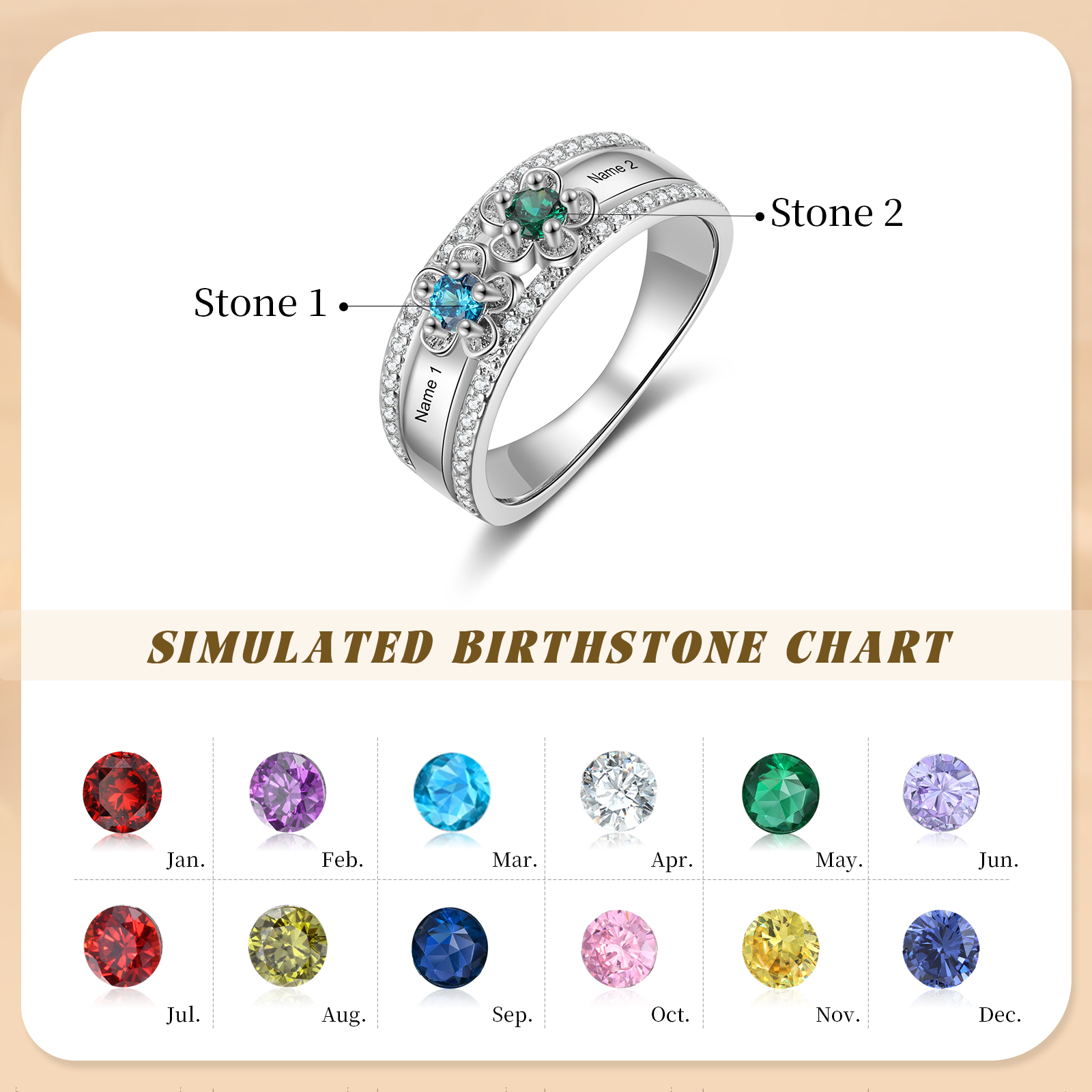 Personalisierter Blumen-Silberring mit 2–4 Namen & Geburtsstein – Geschenk für Mama, Frau