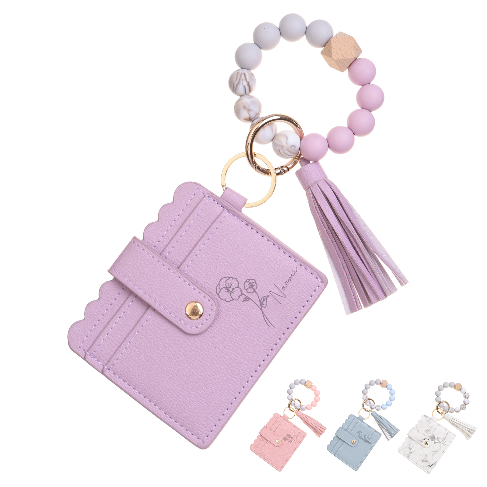 Personalisierte Leder- Kartenetui mit Name & Geburtsblume und Perlen-Handschlaufe, individuelles Geschenk für Frauen