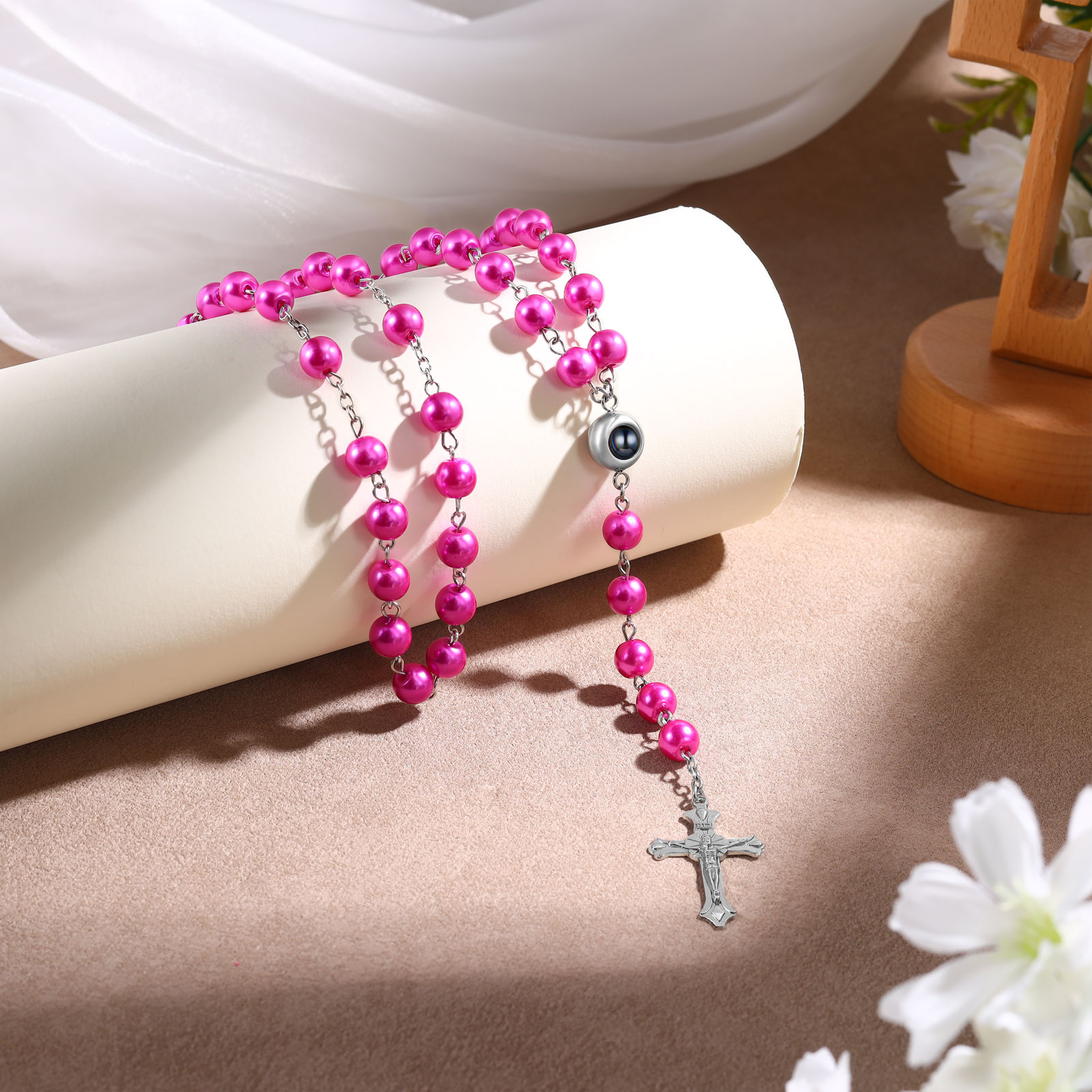 Rosenkranz Halskette Rosa/weiß Mit Kreuz – Ca. 70 Cm, Kunstperlen, Taufgeschenk Für Mädchen