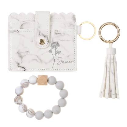 Personalisierte Leder- Kartenetui mit Name & Geburtsblume und Perlen-Handschlaufe, individuelles Geschenk für Frauen