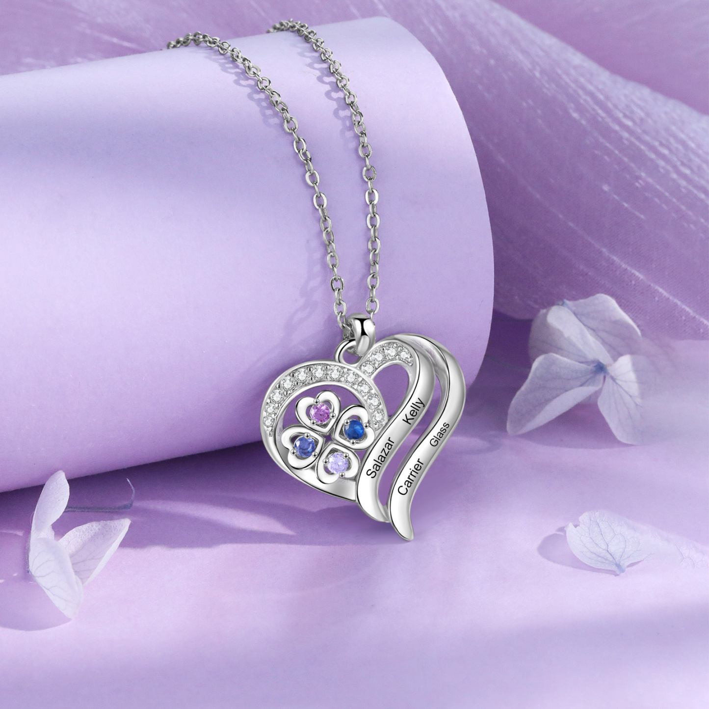 Personalisierte Damenhalskette mit herzförmigen Geburtssteinen und 2–4 Namen