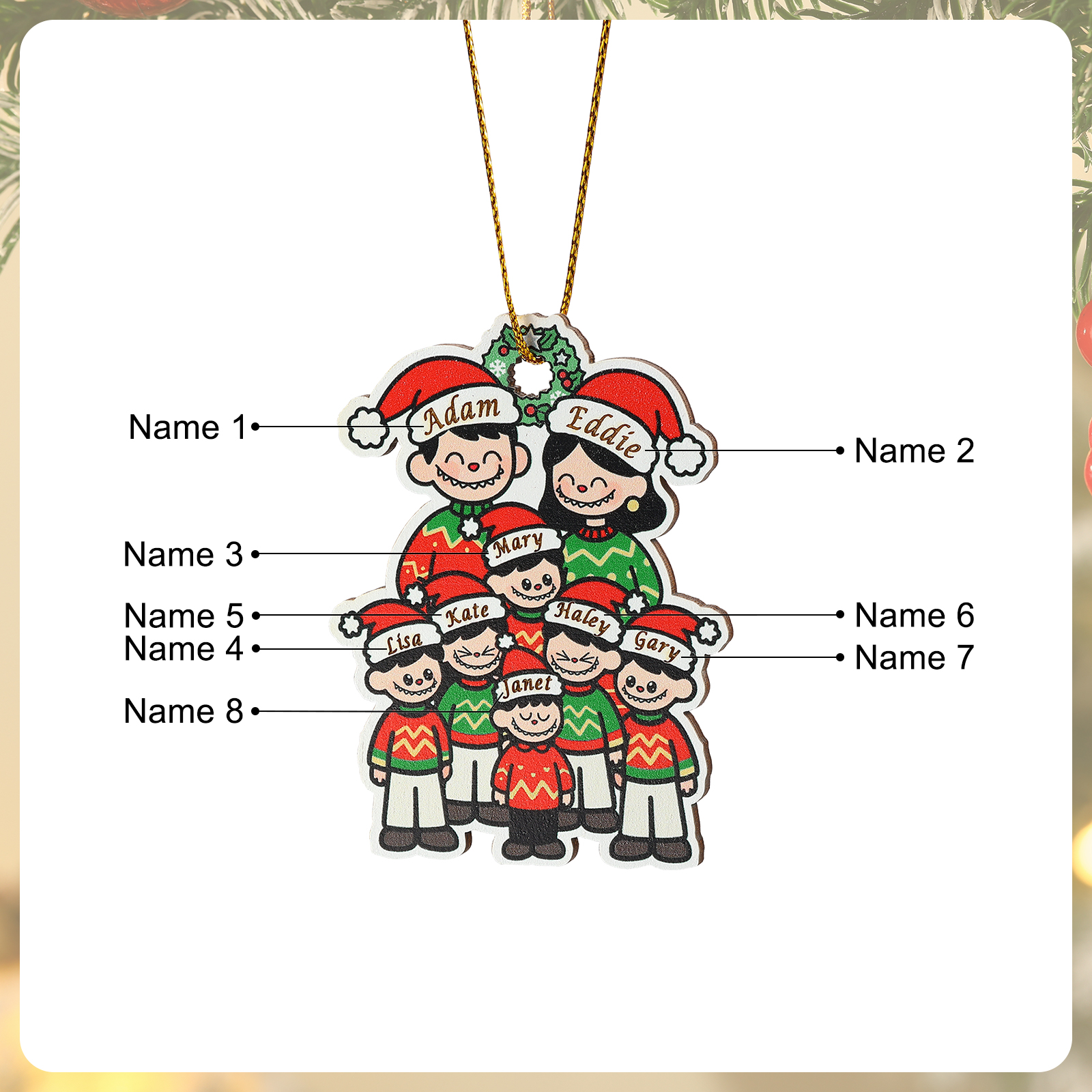 Personalisierter Weihnachtsanhänger aus Holz mit Cartoon-Familie