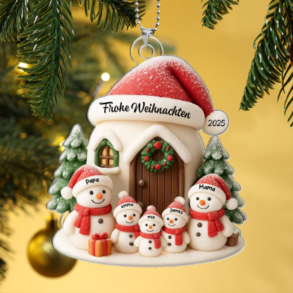 Personalisierter Weihnachtsbaumschmuck Schneemann-Familie Haus, 1 bis 6 Namen, für den Weihnachtsbaum – Geschenk für Mama, Papa, Kinder und Großeltern | Kettenmachen