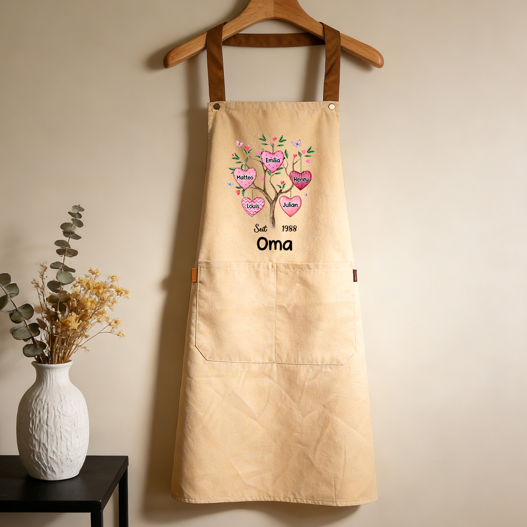 Personalisierte Schürze mit Herz-Familienbaum gestaltet mit 2–8 Kindernamen