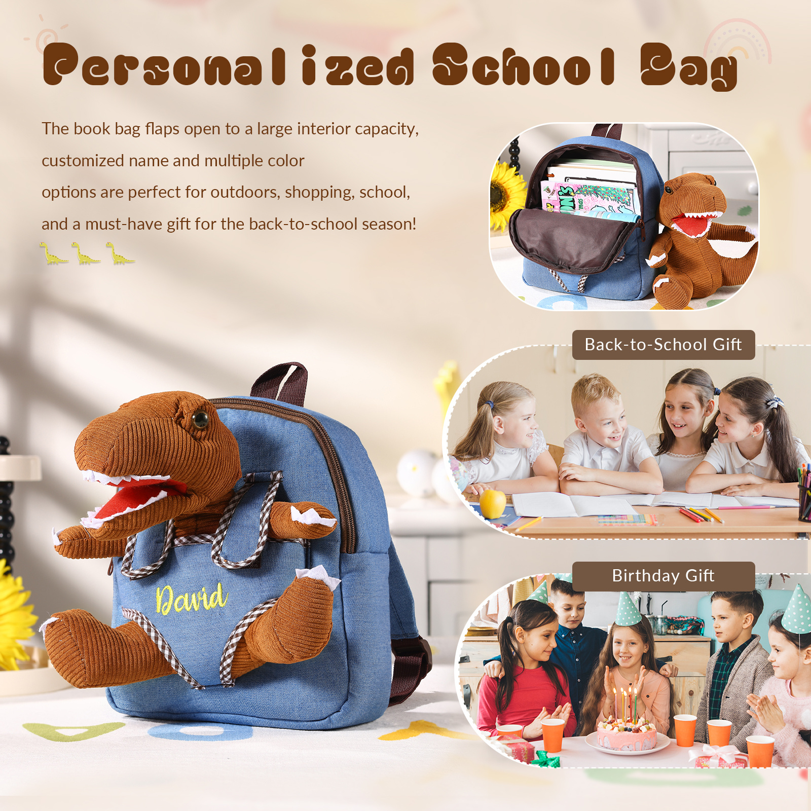 Personalisierter Dinosaurier-Rucksack für Kinder mit Namen – Geschenk zum Schulanfang