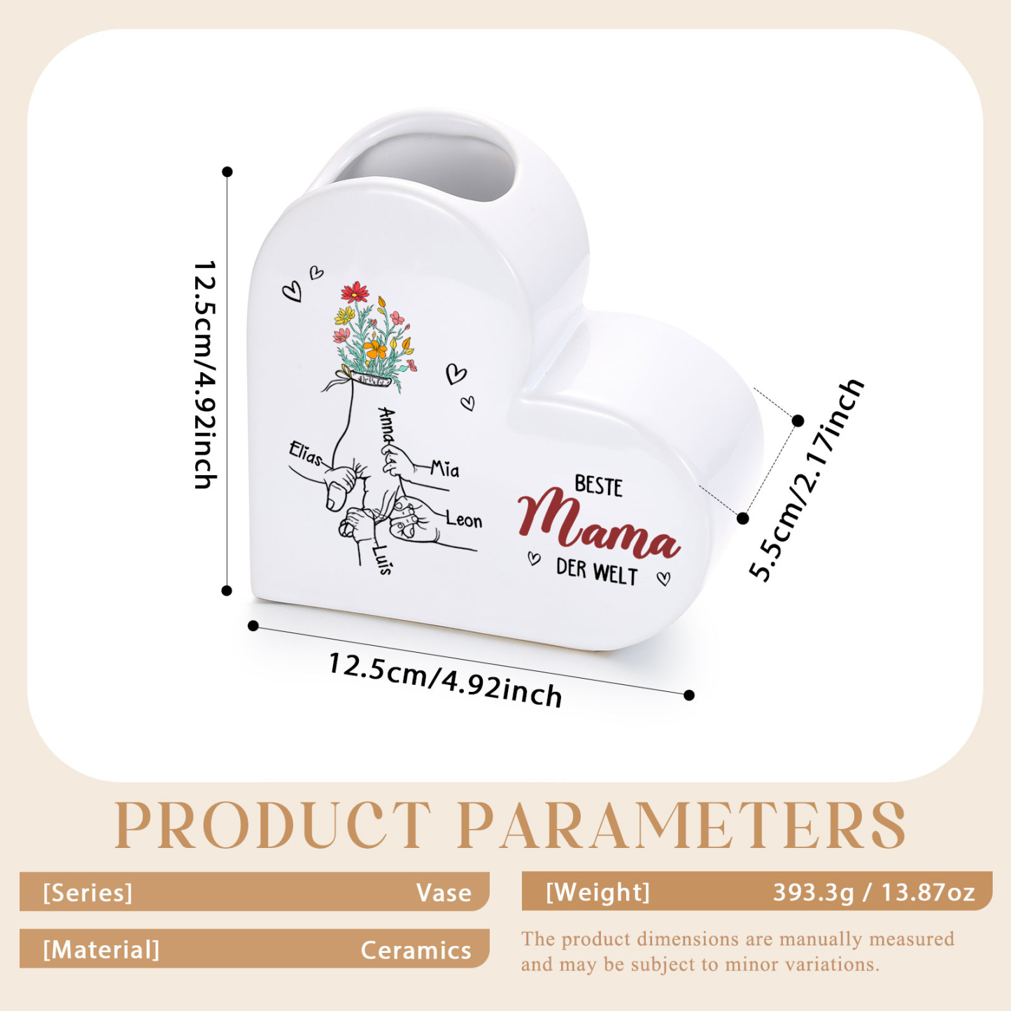 Personalisierte Keramik-Herzvase mit 2–6 Vornamen Beste Mama/Oma der Welt