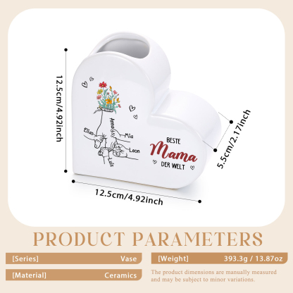 Personalisierte Keramik-Herzvase mit 2–6 Vornamen Beste Mama/Oma der Welt