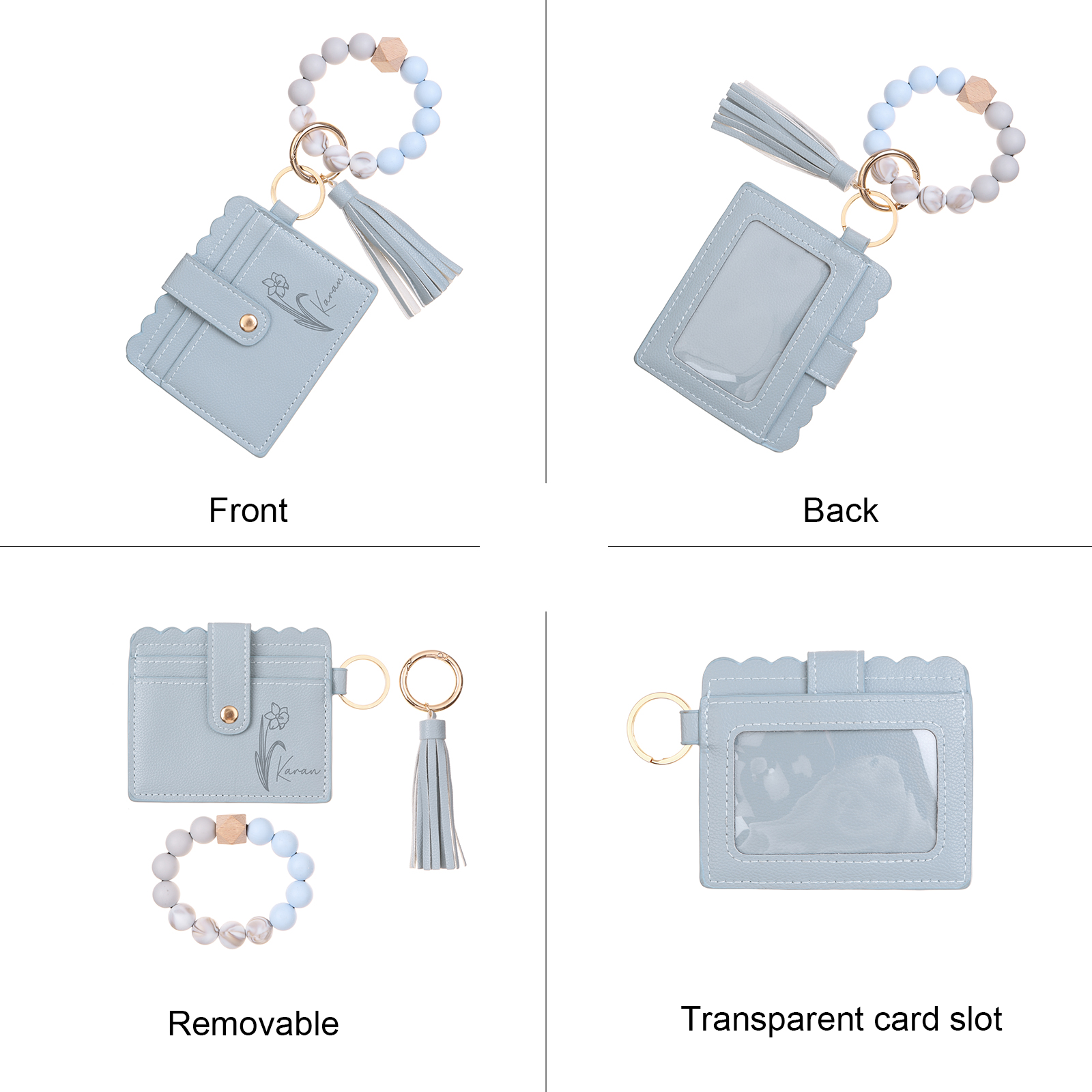 Personalisierte Leder- Kartenetui mit Name & Geburtsblume und Perlen-Handschlaufe, individuelles Geschenk für Frauen