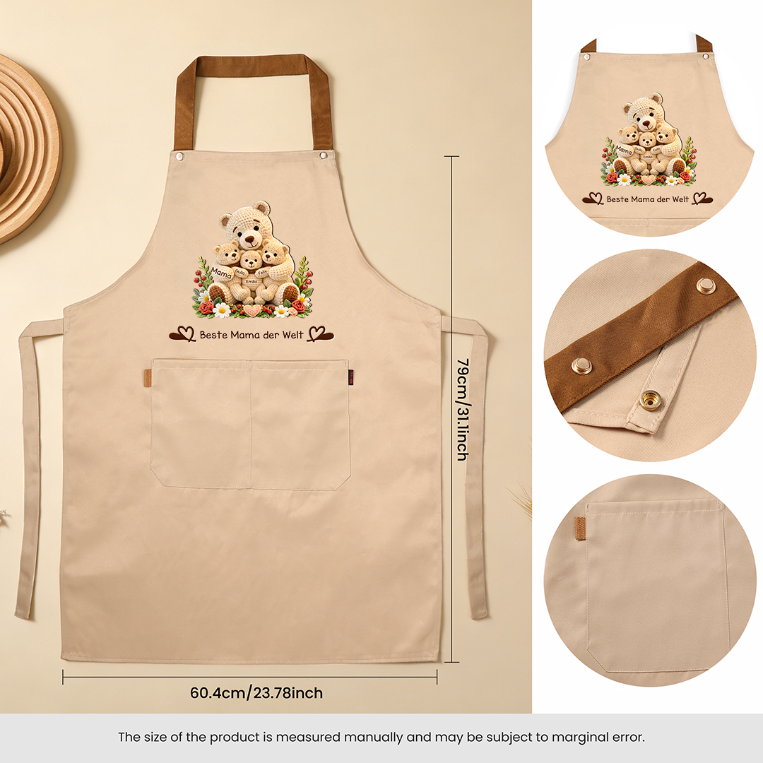 Personalisierte Kochschürze mit Tasche, personalisiert mit 1 bis 10 Namen und Teddybär-Motiv